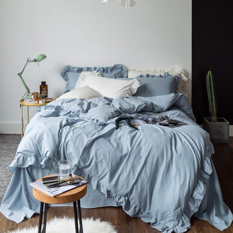 SUSYBAO Blue Ruffle Duvet Cover Queen 100% Washed Cotton Light Blue Farmhouse Duvet Cover Set 3 Pieces 1 Blue Princess Duvet Cover with Zipper Ties 2 Pillow Shams Luxury Soft Shabby Chic Bedding Set - Image 1